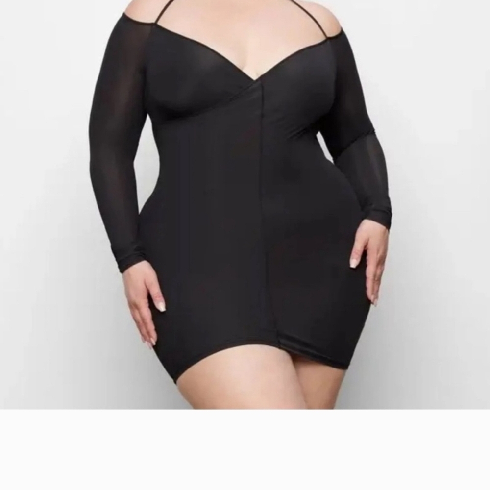 SKIMS Black Sheer Off-Shoulder Bodycon Mini Dress | Indie Sleaze Party